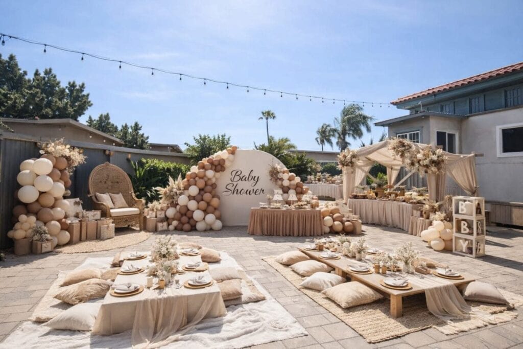 Jardin aménagé pour une baby shower avec tables basses, coussins, ballons et guirlandes.