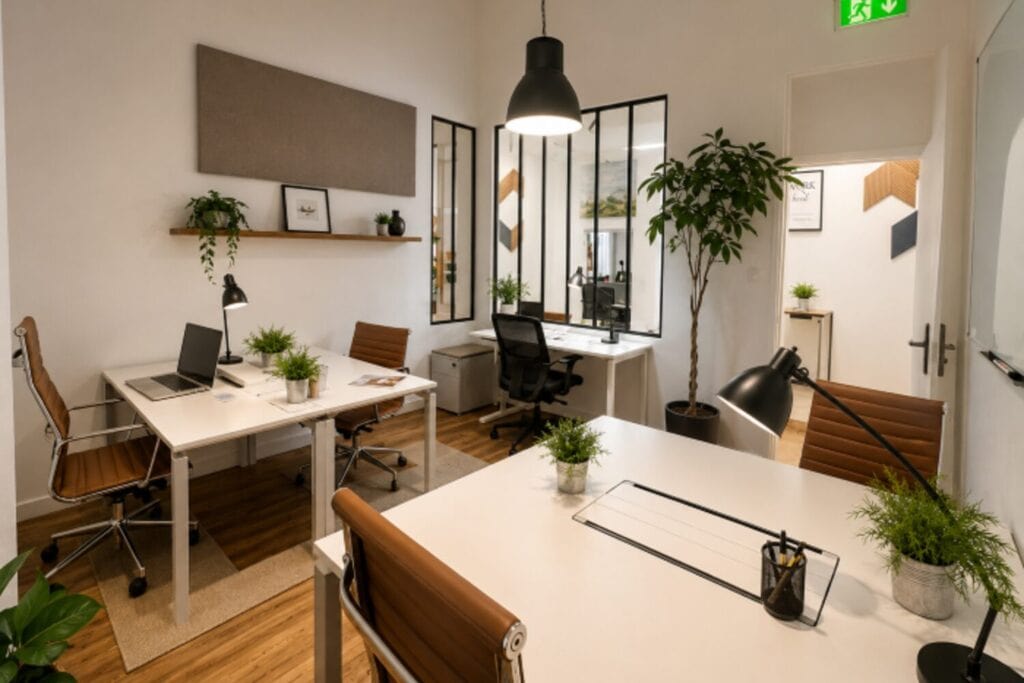 Bureau fermé pour petite équipe avec plusieurs postes, cloisons vitrées et plantes.