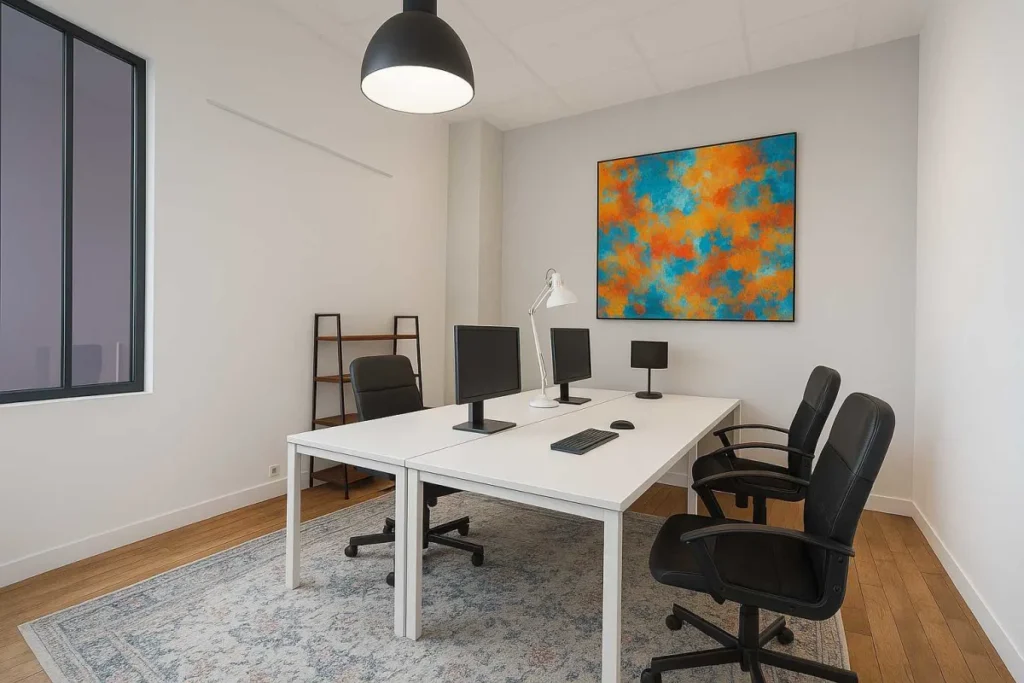 Bureau privatif à louer à l'heure avec postes de travail et toile abstraite colorée.