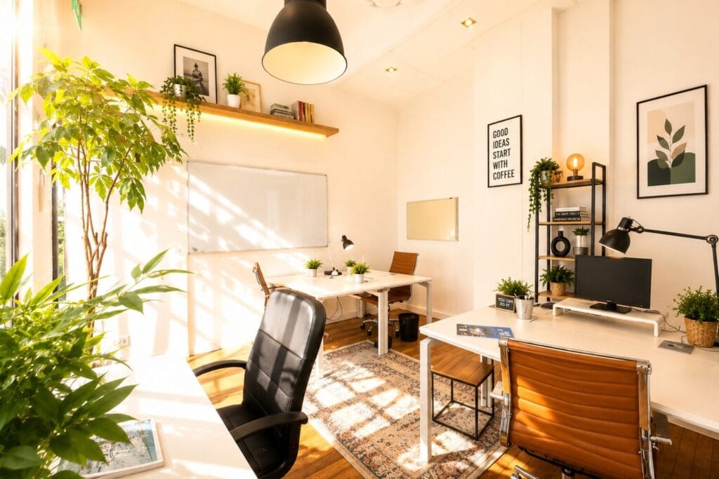 Bureau privé baigné de soleil avec postes de travail, écran, tableau blanc et nombreuses plantes.