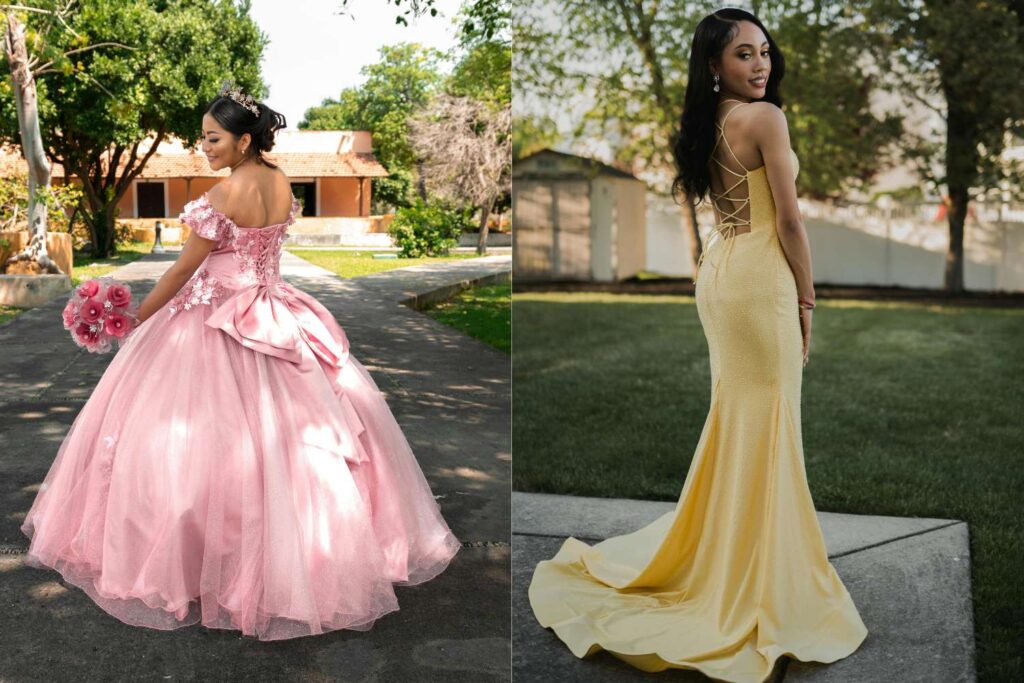 deux jeunes filles portant des robes de promo rose et jaune