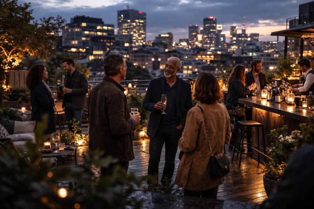 un groupe d'amis fête les 50 ans d'un homme sur un rooftop