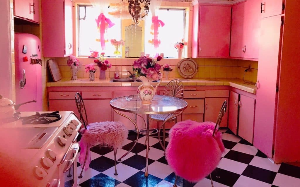 A pink kitchen production set