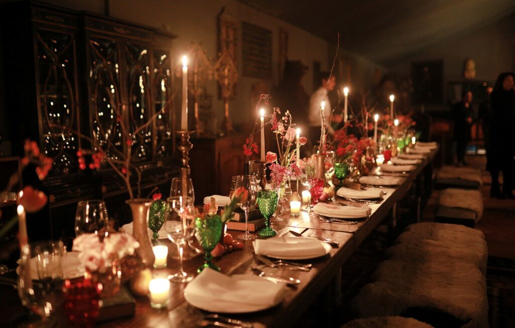 intimate dinner party setup at a 40-Acre Private Estate