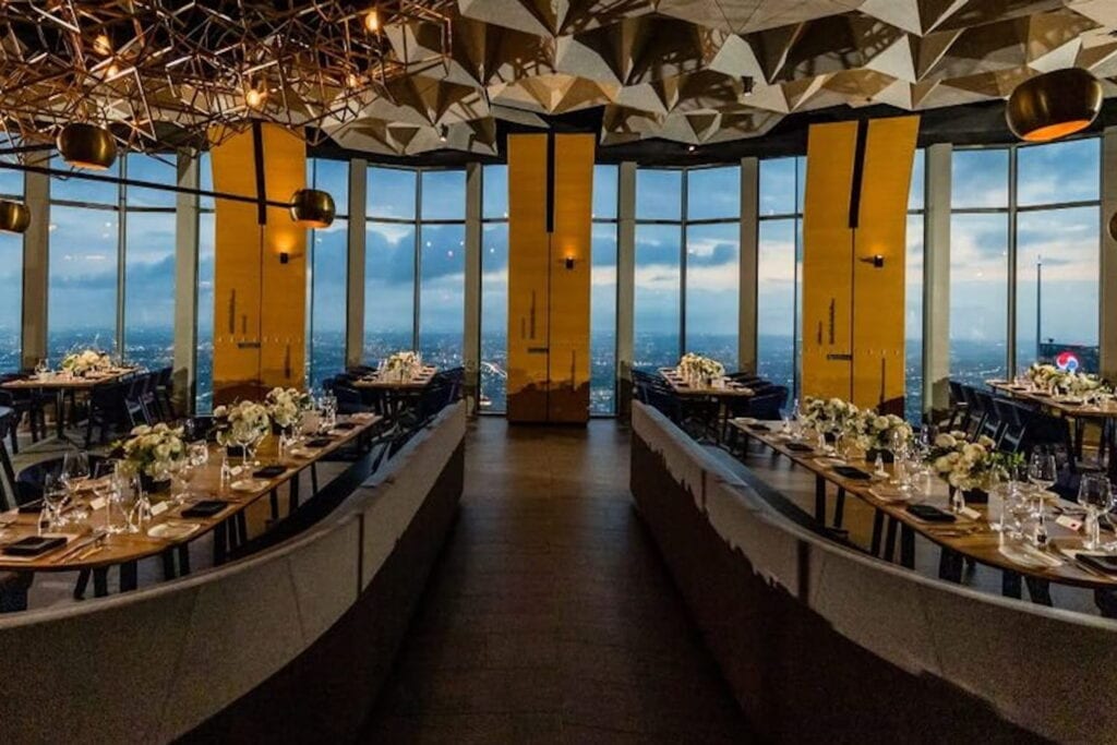 Restaurant in a high rise building with Los Angeles views