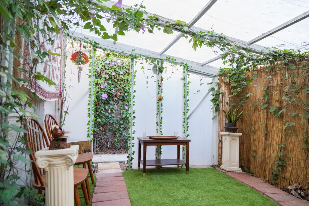 Art Garden covered with Ivy, Flowers and Greek Columns los angeles rental