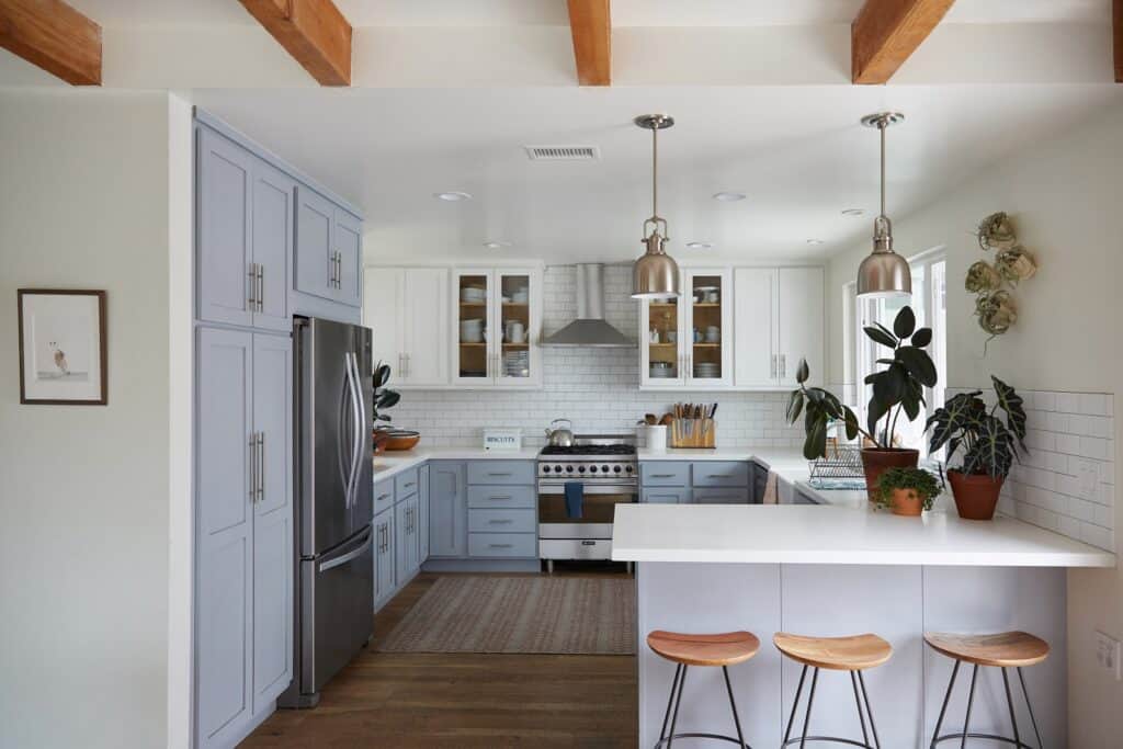 Artist’s home, light bright, blue-grey kitchen costa mesa orange county rental