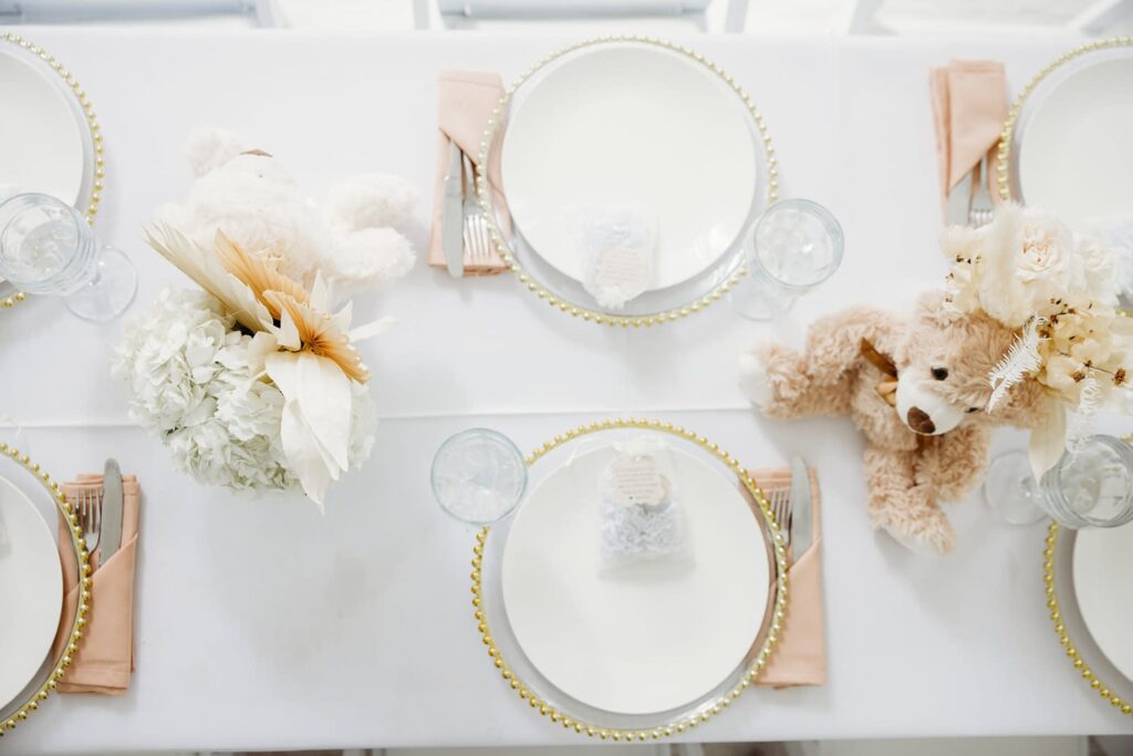 teddy bear table settings at a Downtown Studio with Tall Ceilings