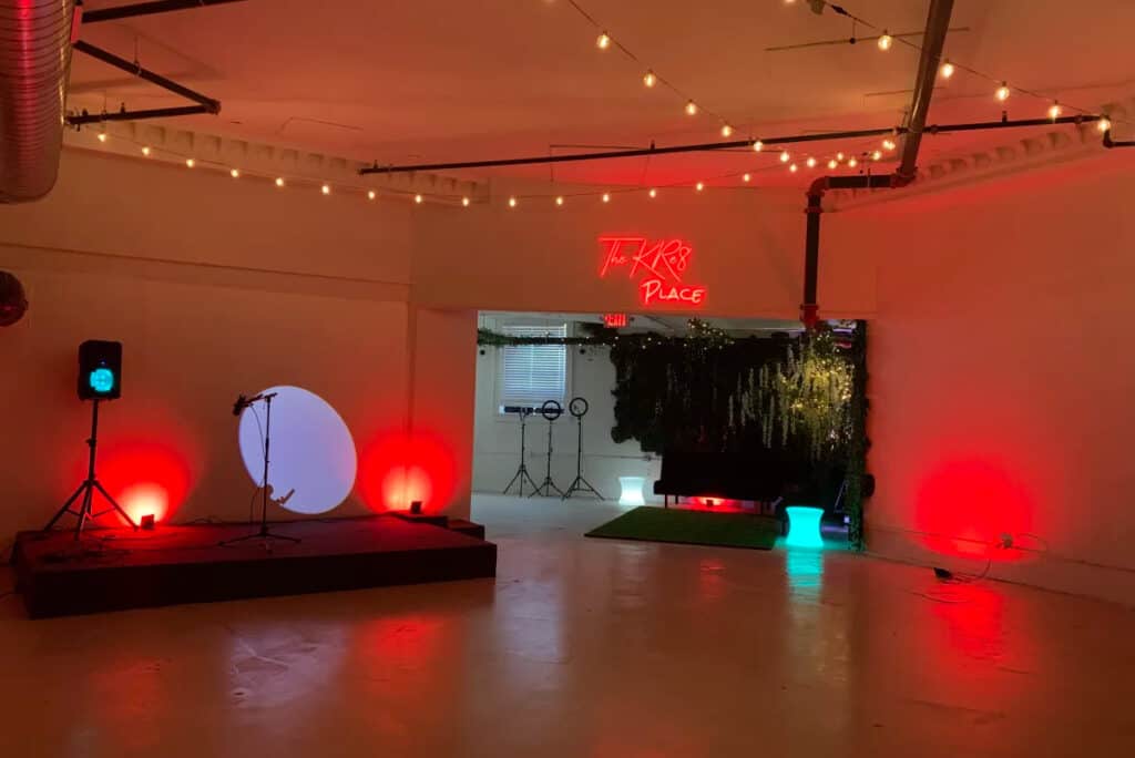 A party space with red lighting