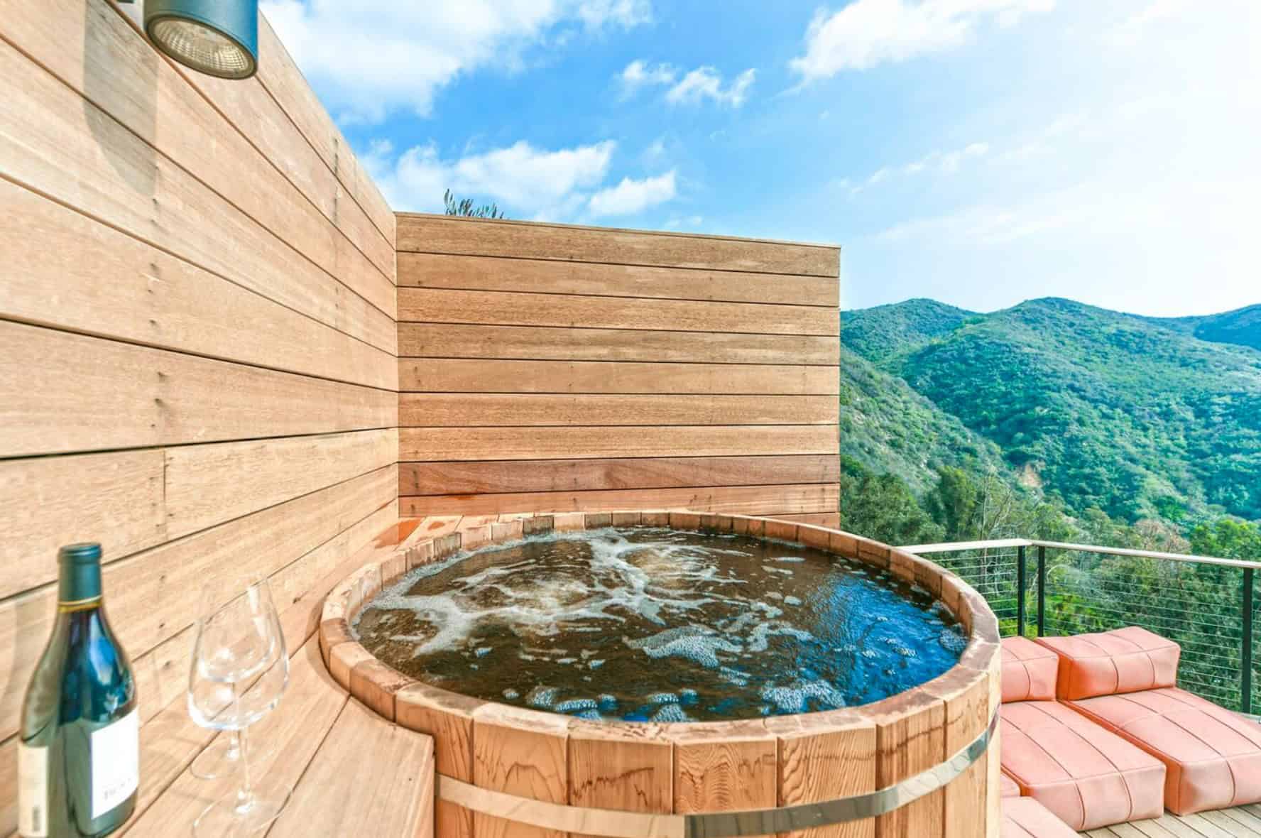 Hot tub with Ocean and Mountain Views at a Secluded Malibu Luxury Retreat in California