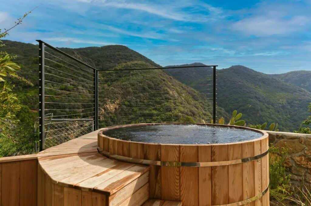 Hot tub with Ocean and Mountain Views at a Secluded Malibu Luxury Retreat in Malibu, California