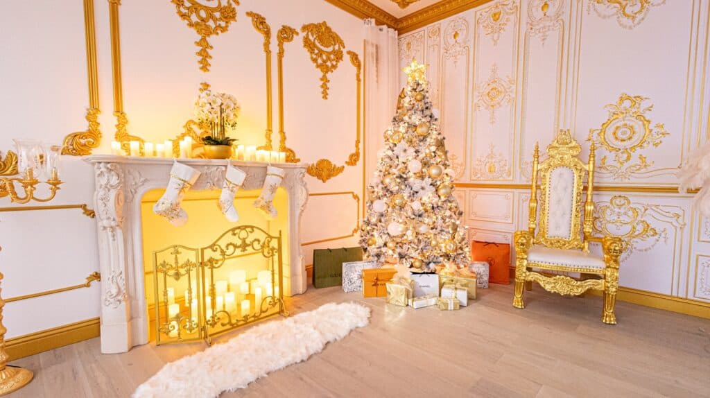 Luxury White & Gold Christmas Set Photo Studio in Atlanta