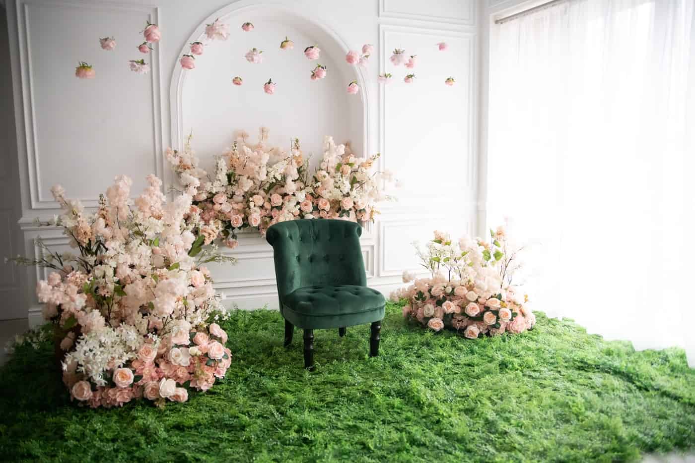 Naturally Lit Elegant White room With 3 Spring Floral Setups toronto rental