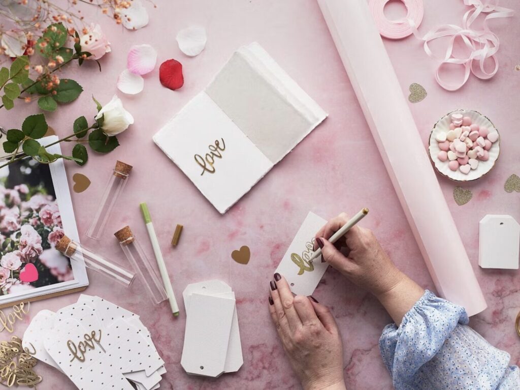 Woman creating Galentine's decorations with stationary, writing love, rose petals