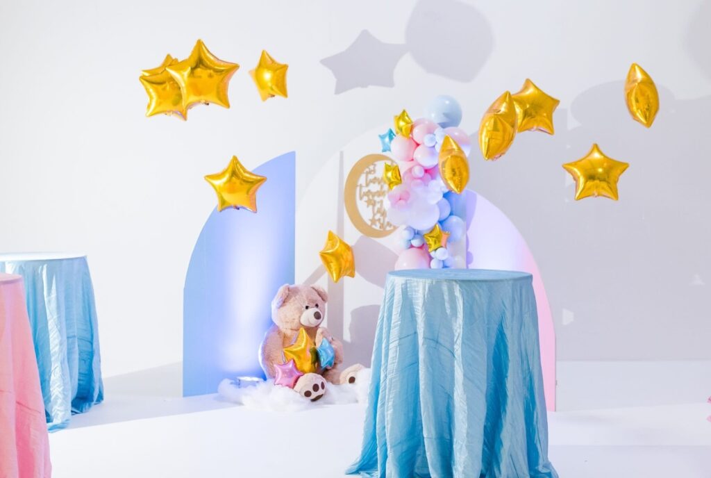 gender reveal party decor at a Spacious Industrial Studio