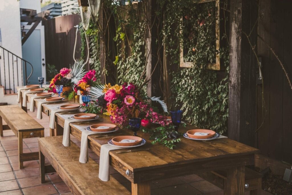 Spanish Villa Garden Courtyard with deocrated table