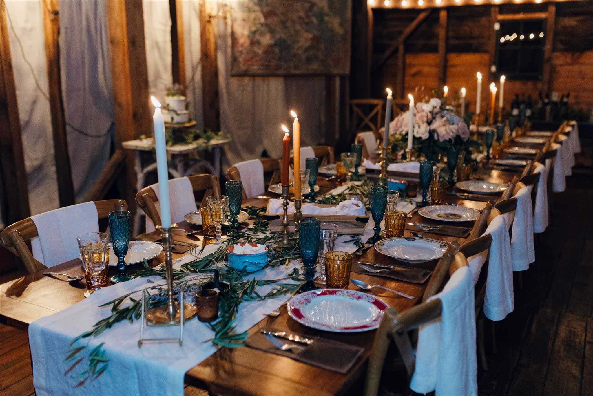 Elegant reception table setting with floral centerpiece for Des Moines wedding