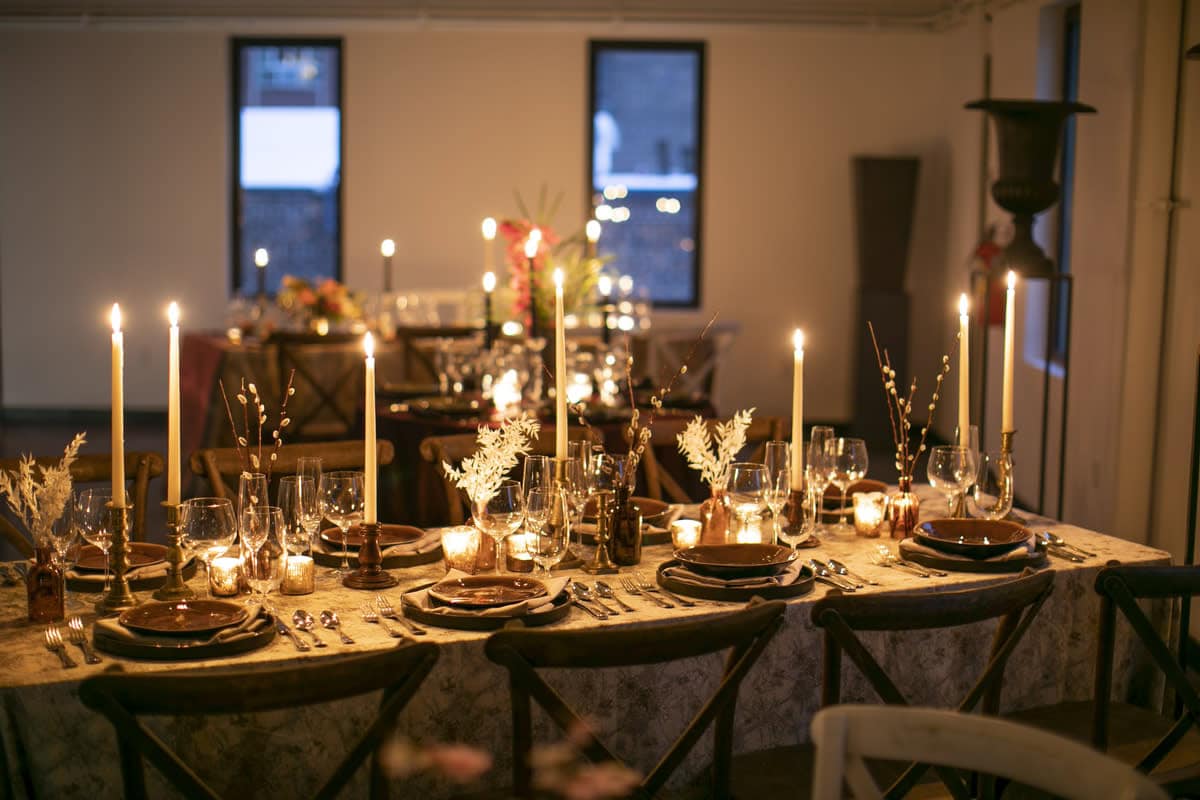 Sophisticated candlelit dining table with dried florals overlooking a Phoenix cityscape