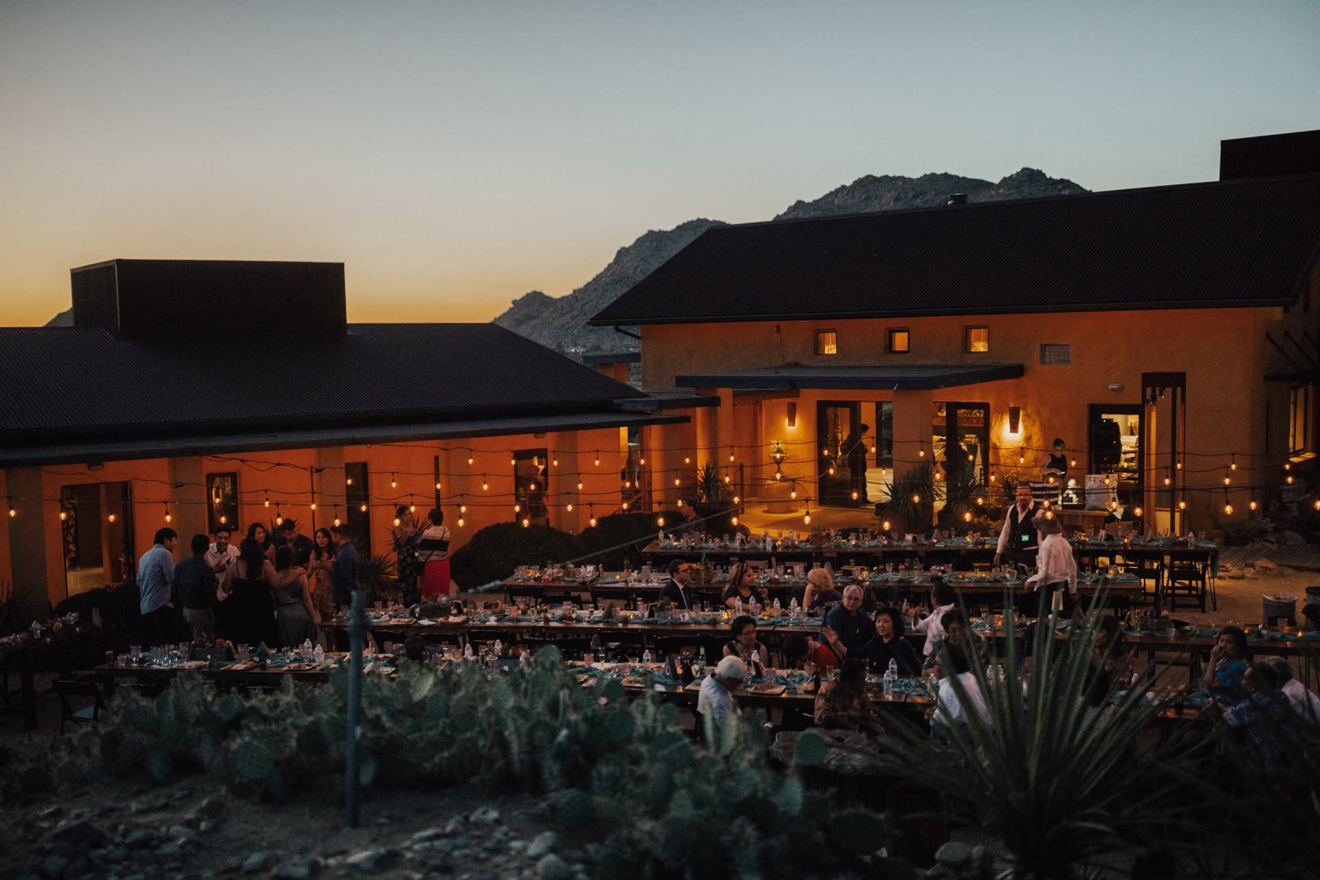 Evening wedding reception at a terracotta venue with string lights in Tucson