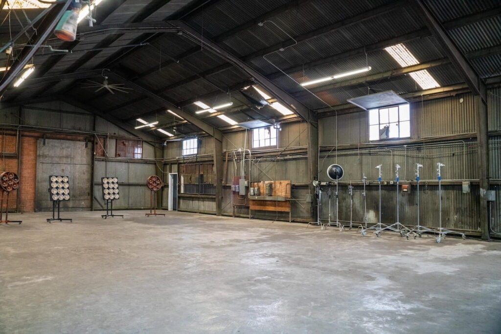 An airplane hangar space used for filming