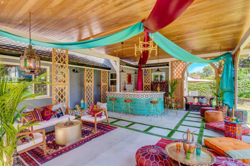 colorful boho outdoor bar and venue space