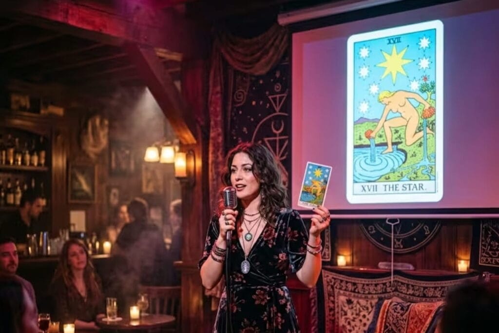 a woman stands in front of an audience holding a large Tarot card