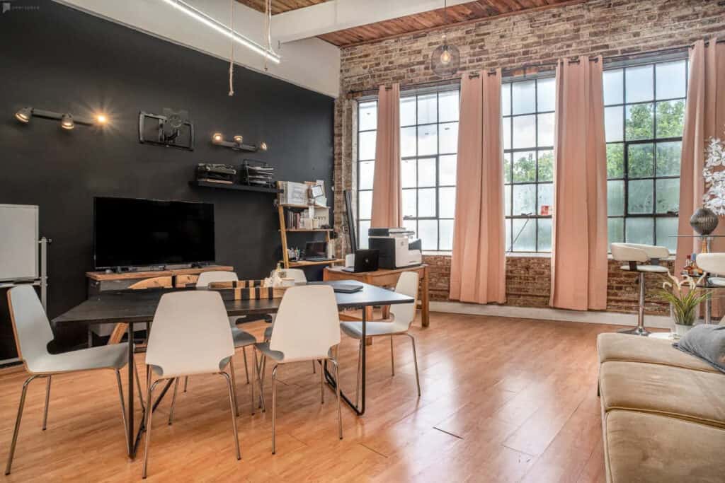 An earth-toned hotel conference room