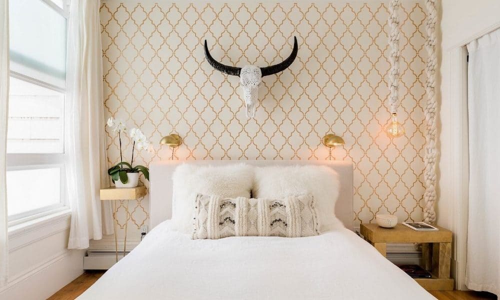 San Francisco photo shoot location with white bed and trendy decor
