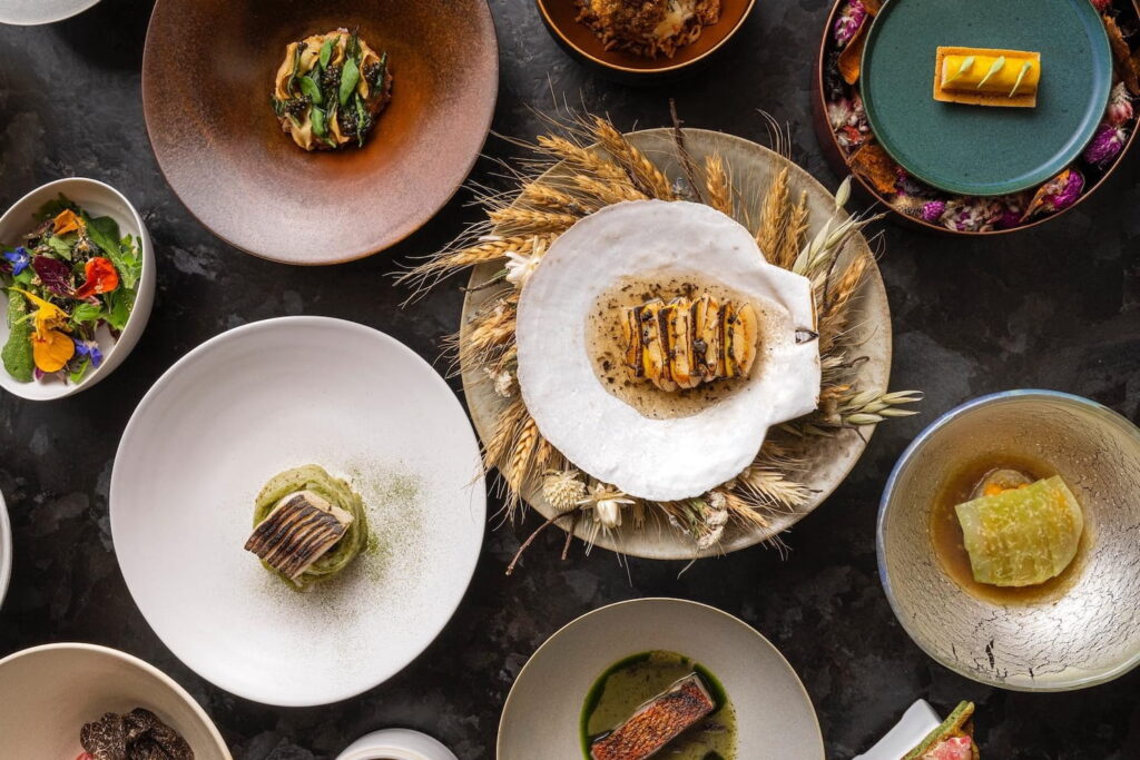 Overhead shot of a selection of dishes in small plates and bowls
