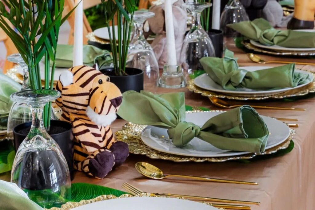 earth tone table settings at a baby shower
