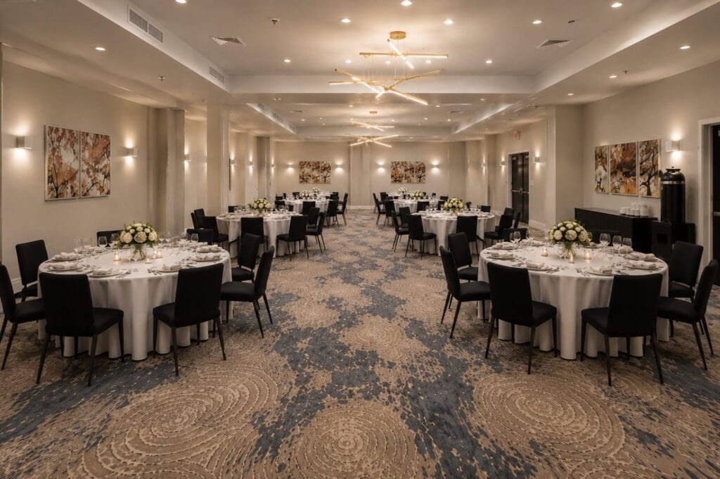 Traditional ballroom space set up for a wedding reception