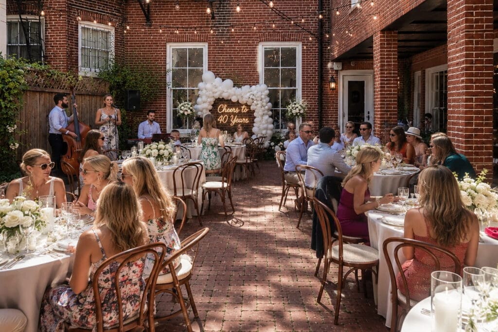 Guests sit at round tables at a party in a brick courtyard in Baltimore