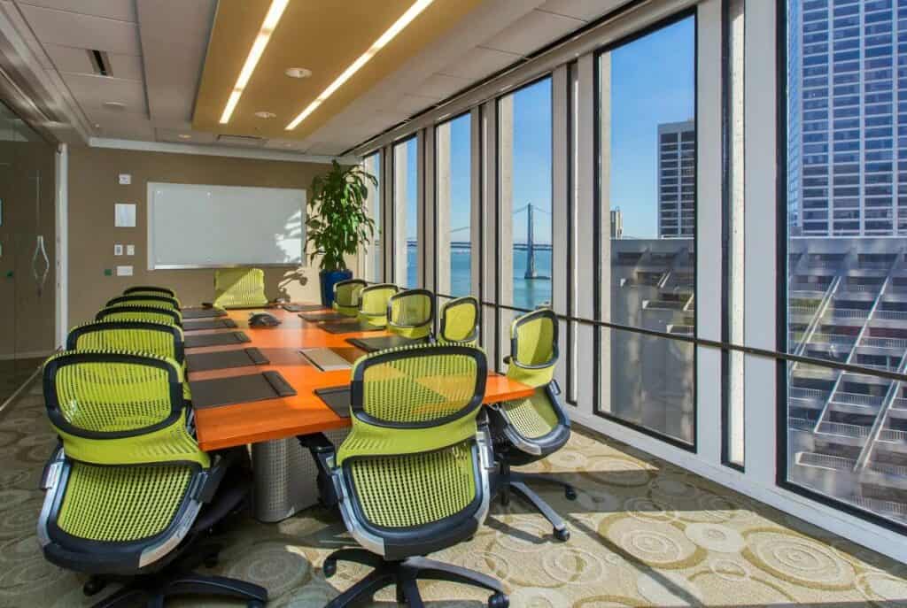 A conference room office space in San Francisco with views of the Bay Bridge