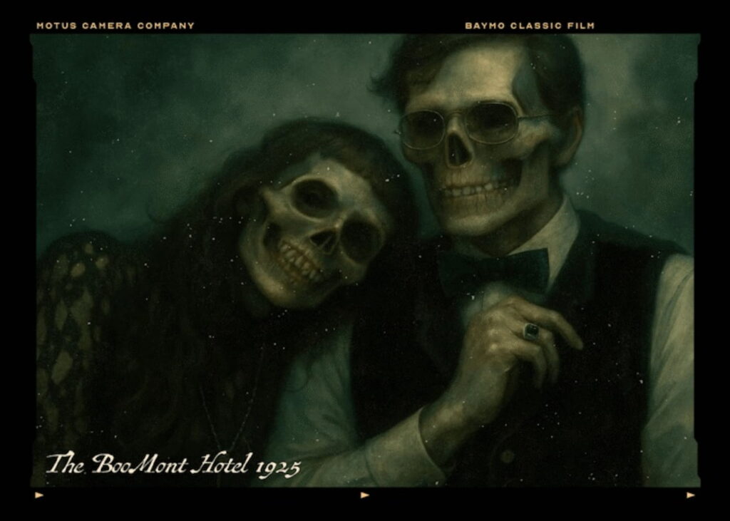 Spooky ad featuring two skeletons for a Halloween attraction in Dallas
