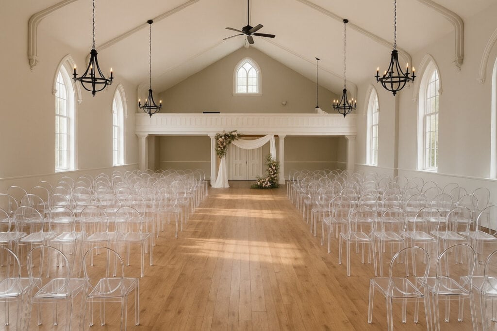 Translucent ghost chairs create an aisle in a bright, white renovated church space with black chandeliers and a draped altar