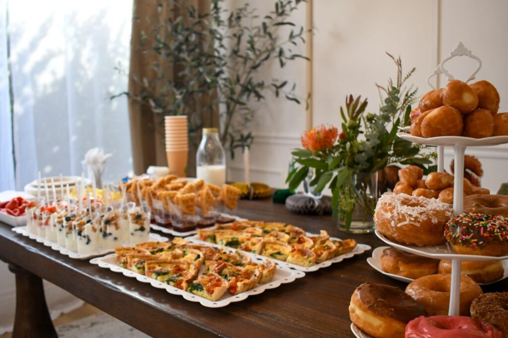 buffet table topped with brunch food