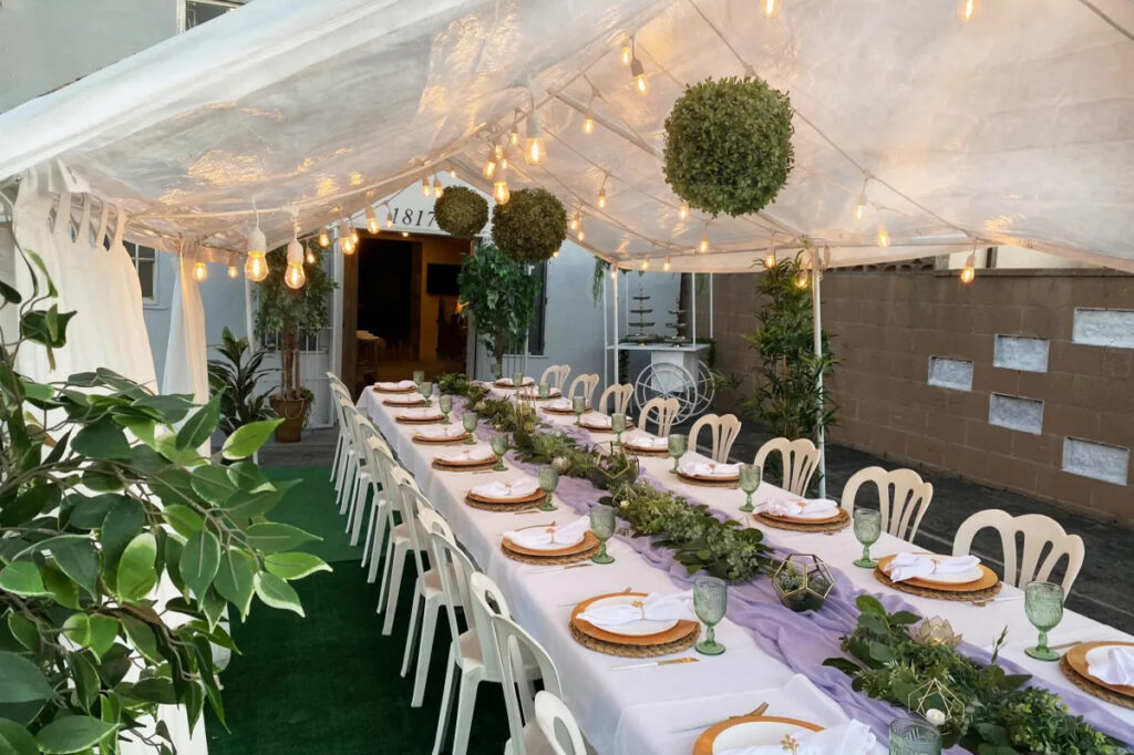 an outdoor dining space