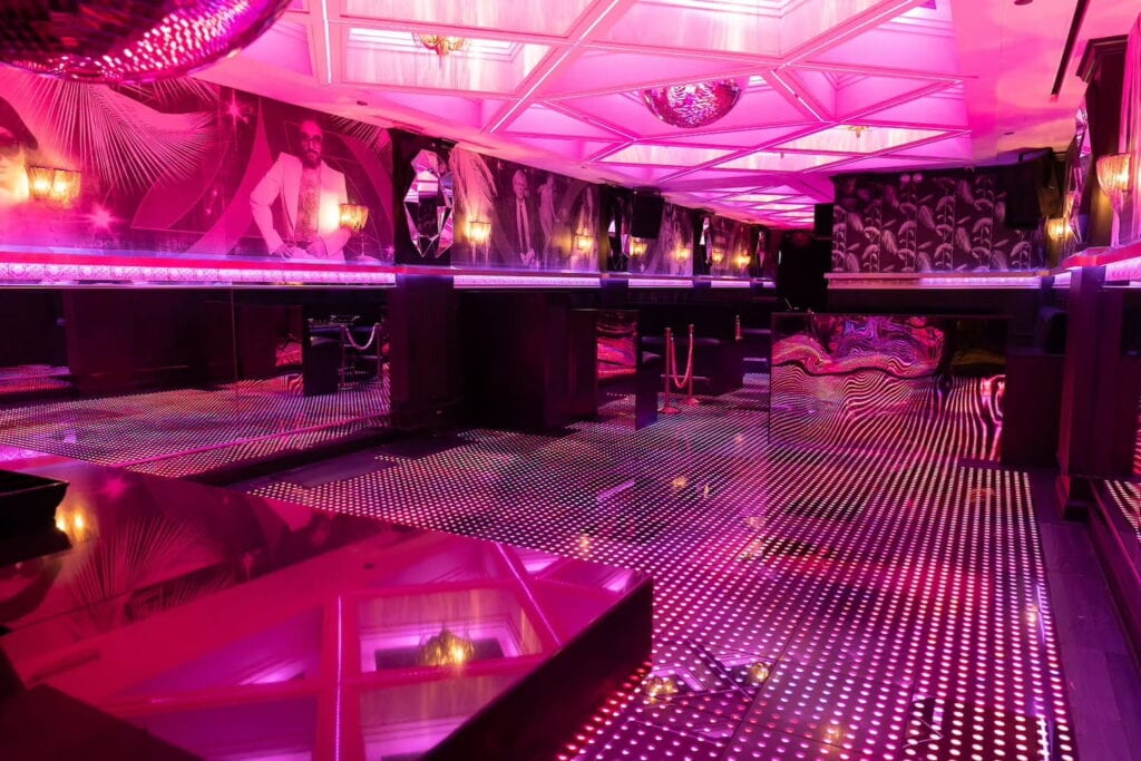 Neon lights illuminate a disco area at Celeste Chicago