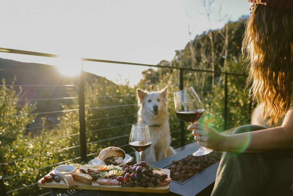A woman holds a glass of wine while watching the sunset with a white dog on a deck overlooking the mountains