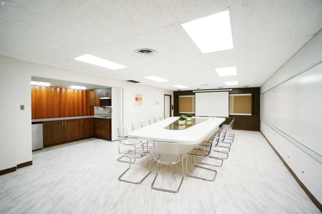 Bright and spacious Chicago meeting room with a whiteboard