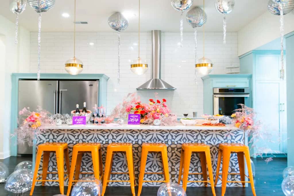 wicker park blue kitchen with pink florals