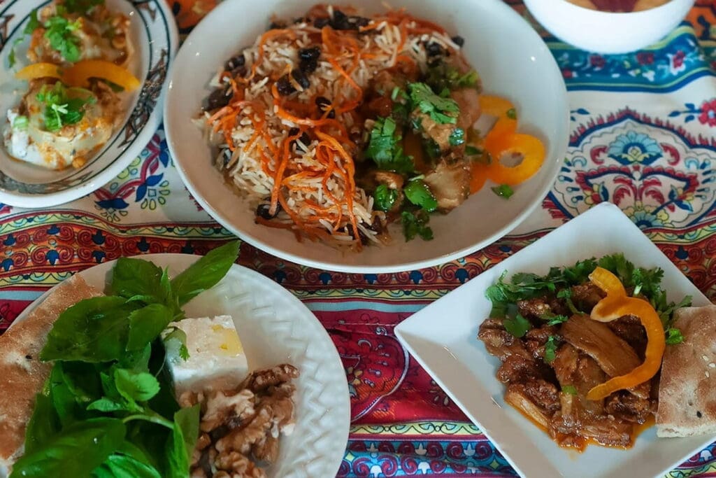 Overhead photo of a selection of Asian dishes