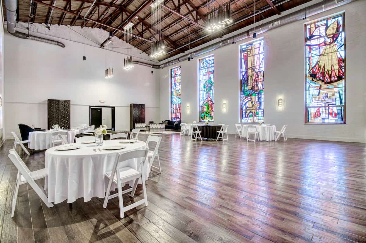 Community Center rental in Dallas with stained glass windows, wooden floors and high ceilings.