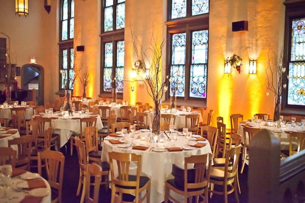 A reception space set up in a converted cathedral