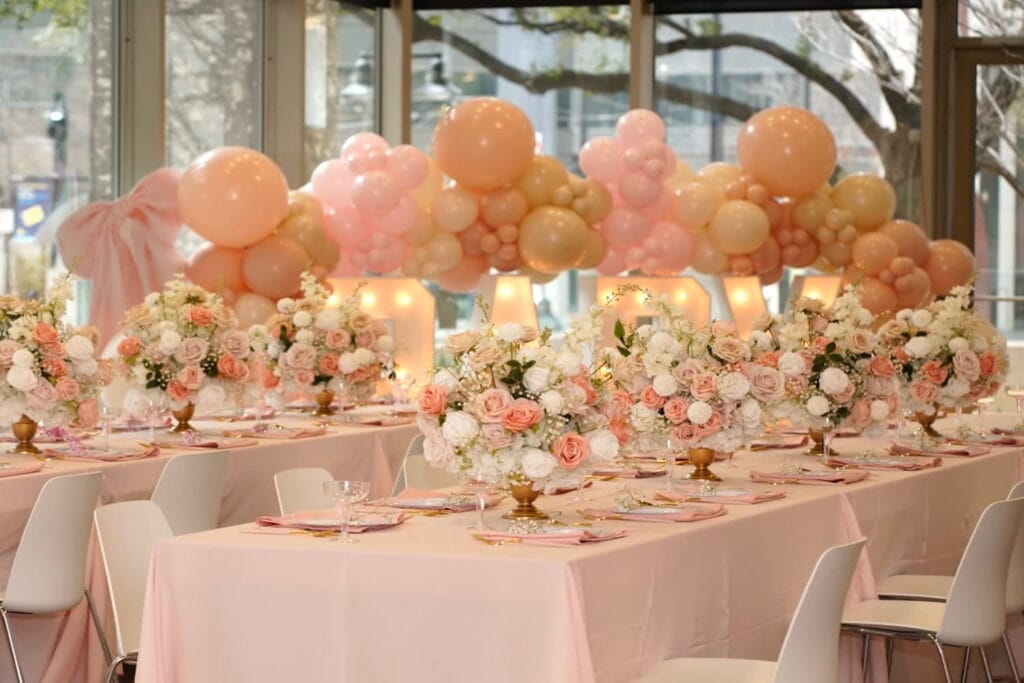 A party space decorated largely in pink flowers and balloons is set up for a seated event