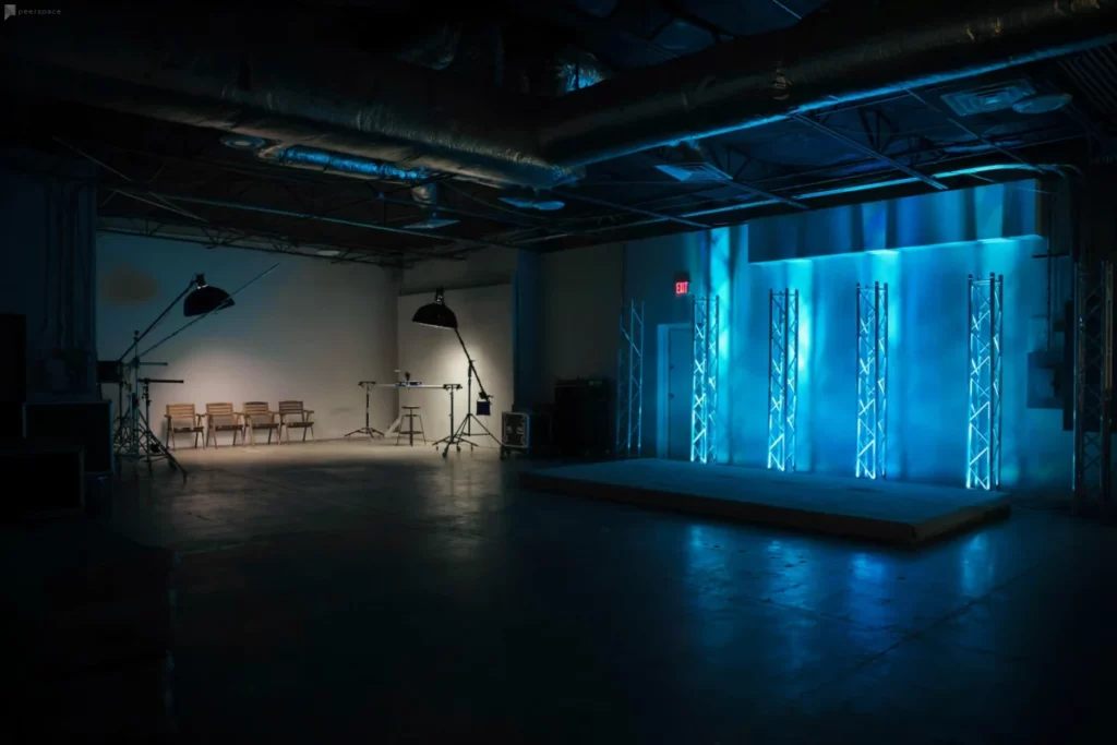 A moody studio space with colored lighting in Dallas