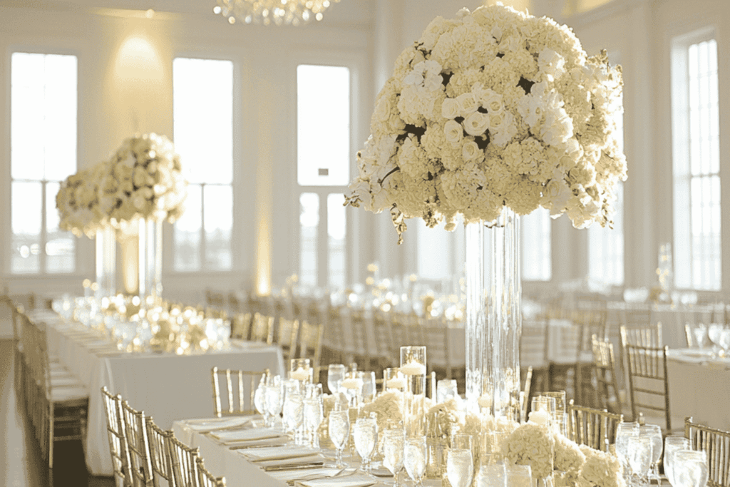 Tall white centerpieces sit on top of formal reception tables lined with golden chairs in a reception venue covered in windows