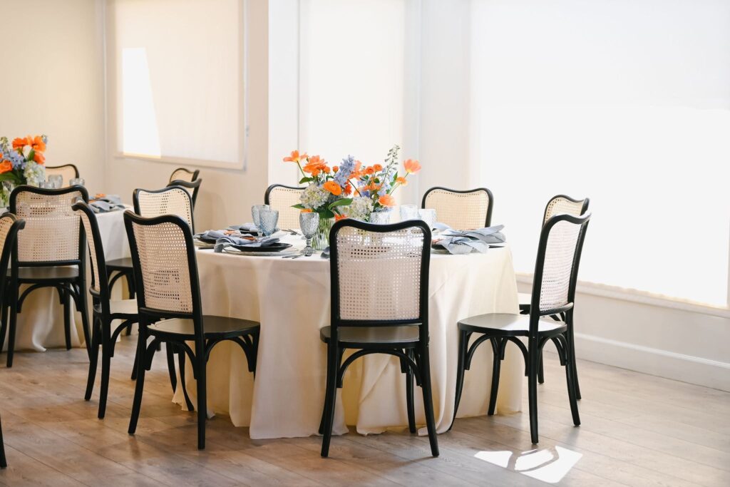 Circular dining table in bright room at Los Angeles event venue