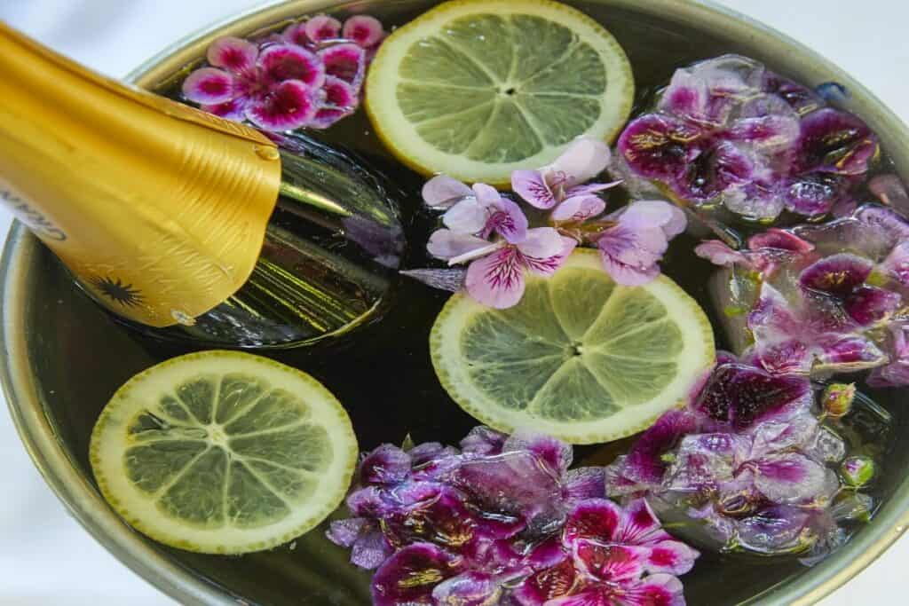 champagne bucket with lemon and flowers