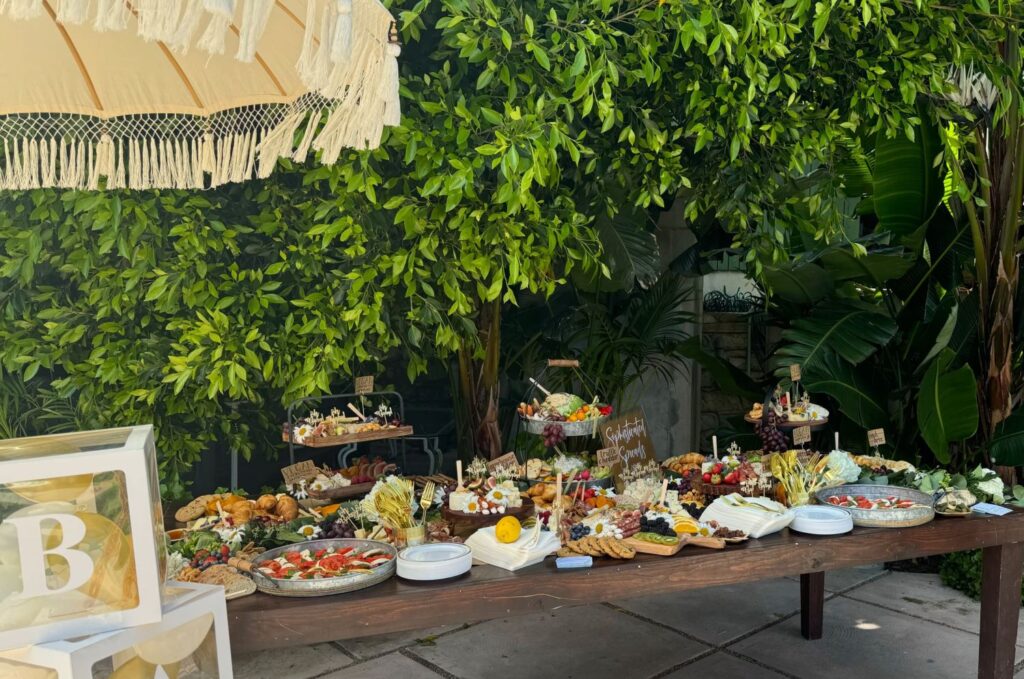 outdoor food spread at a baby shower